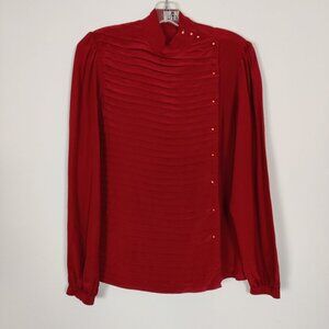 St. Tropez Vintage Women's Blouse Pure Silk Size L Red Pleated Buttoned Details